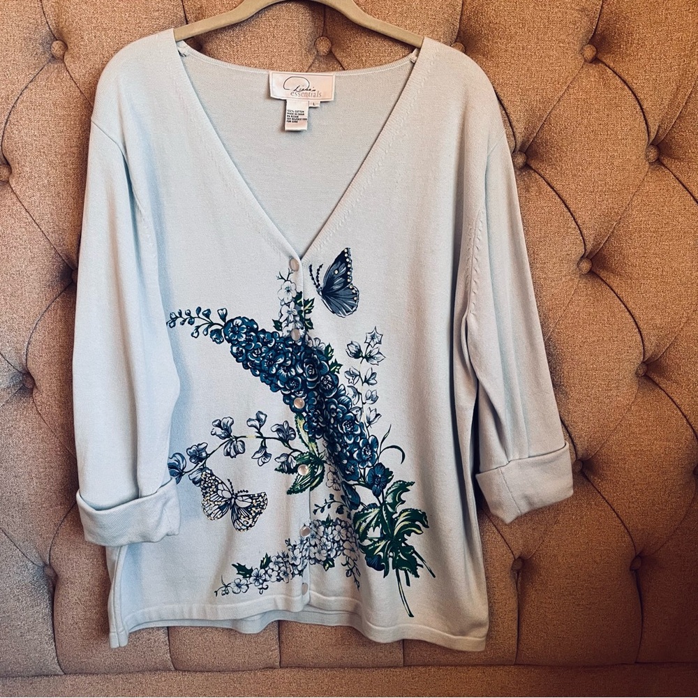♦️ 🦋 Baby blue butterfly flower sequin spring cardigan large Diane’s essentials - Picture 4 of 9